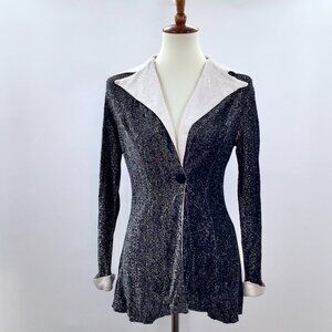 Vintage 1970s Disco Top Women's 10 Black White Metallic Butterfly Collar Retro